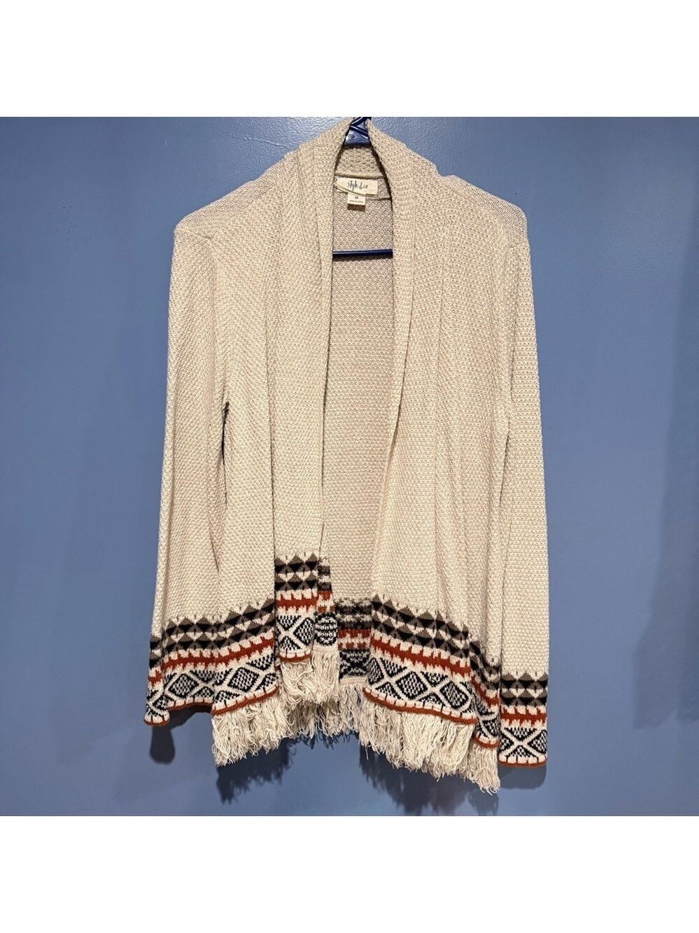 Style & Co. Cream and Black Patterned Open Front Cardigan Medium